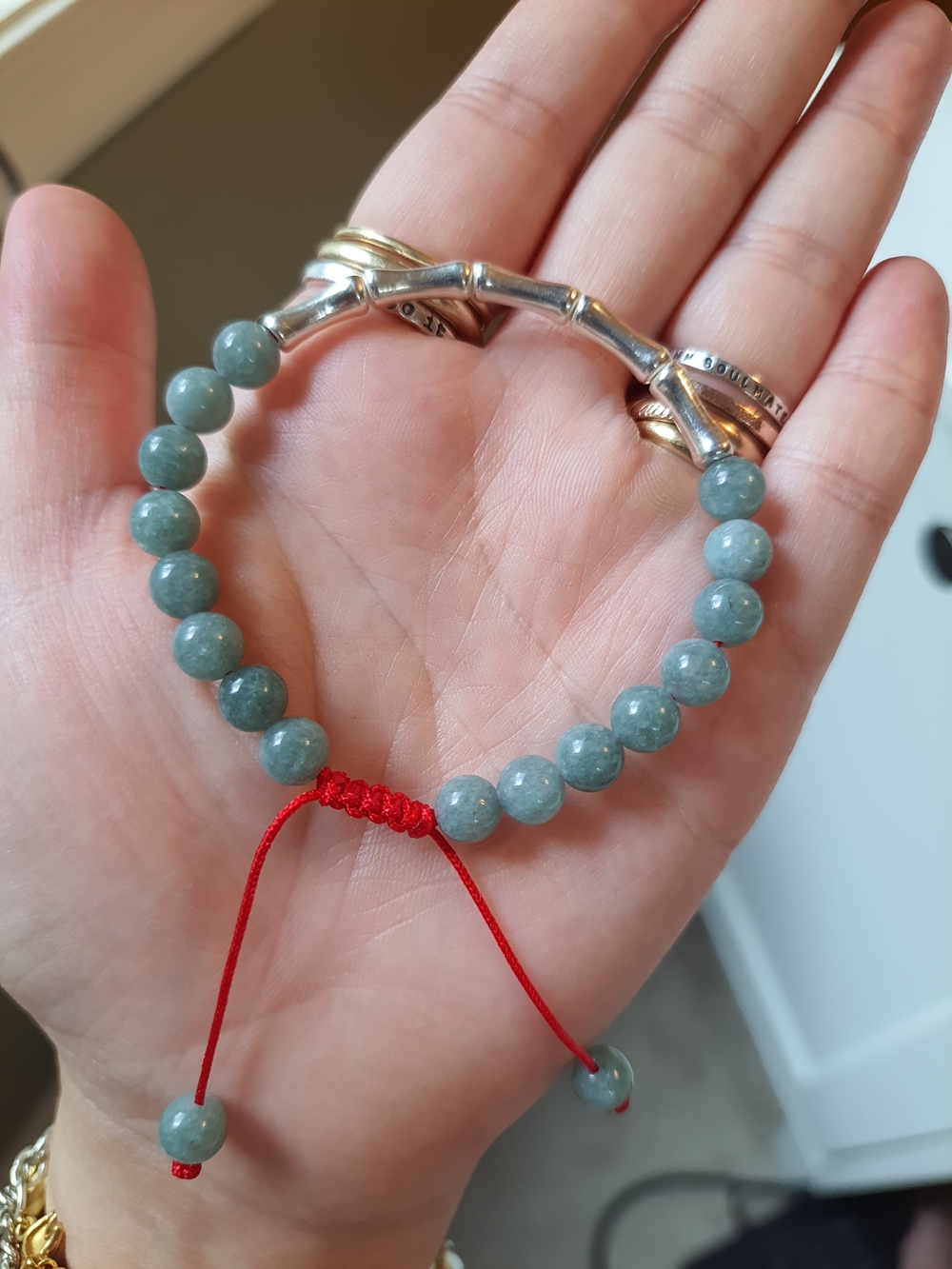 Sterling Silver Bamboo Tube Lucky Chinese Red String Burmese Jadeite Jade Bracel